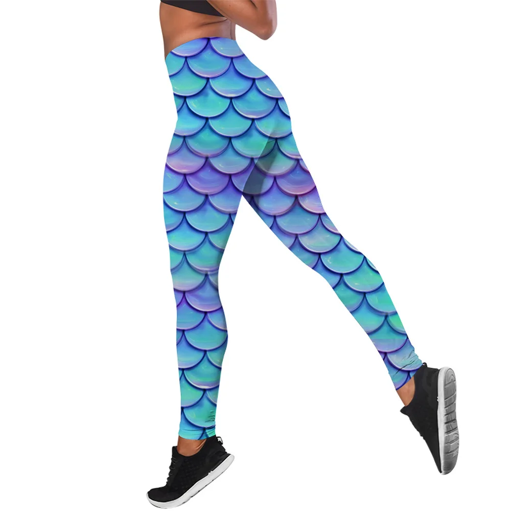 CLOOCL Fish Scales Cosplay legginsy z nadrukiem damskie wysokiej talii legginsy hip-hopowe Push Up 3D trening elastyczne spodnie do fitnessu