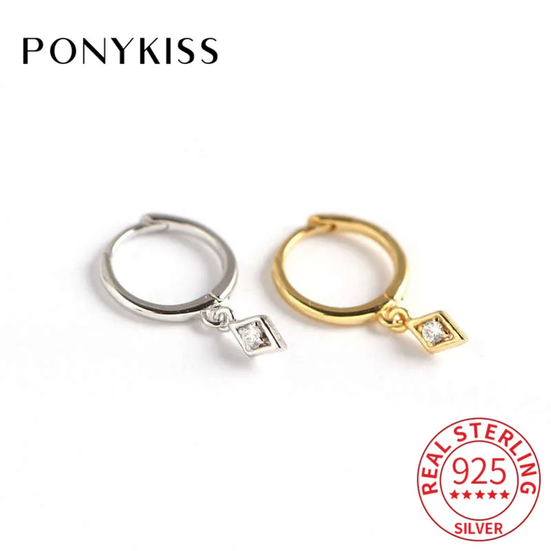 PONYKISS Genuine S925 Sterling Silver Geometric rhombu Zircon Hoop Earrings Women Party Delicate Elegant Accessory Romantic Gift