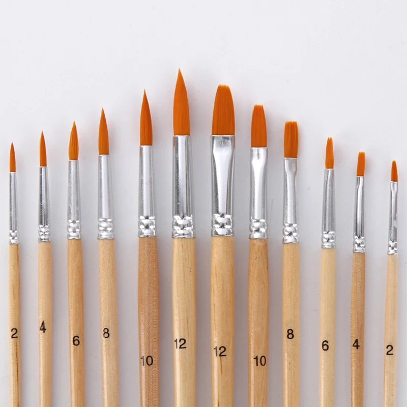 12 pcs/set Paint Brush Different Size Log color Nylon Hair Oil Painting Brushes Set for Watercolor Acrylic Drawing Art Supplies