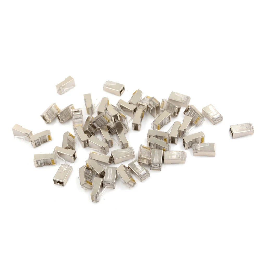 50Pcs Netwerk Connector RJ45 Modulaire Plug Cat6 8Pin 8P8C Metalen Afgeschermde Gestrand Crimp Vergulde Connector Socket