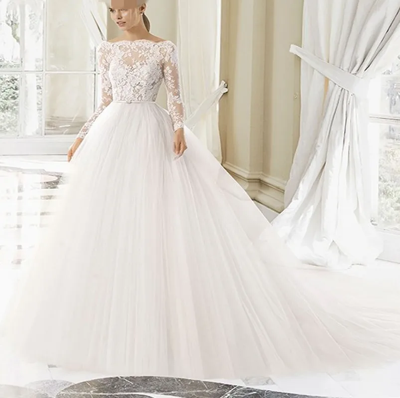 

Elegant Wedding Dress Lace Boat Neck Court Train Vestidos De Novia Plus Sizes Illusion Back Bride Gown 2025 Robe De Mariage