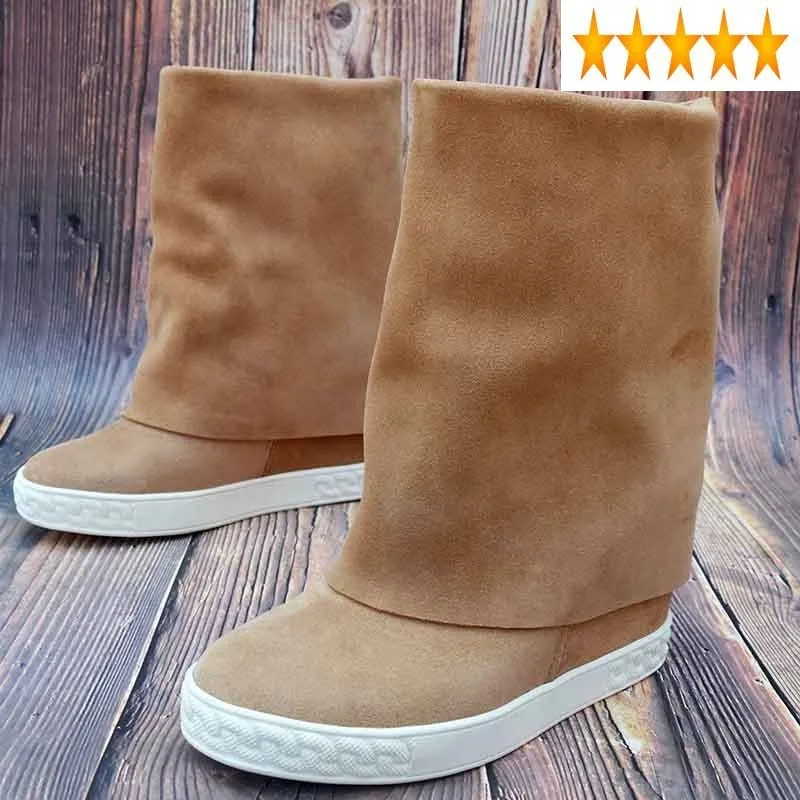 

Designer Calf Women Mid High Top Cow Suede Leather Hidden Heels Shoes Vintage Ladies Casual Slip On Winter Boots Plus Size