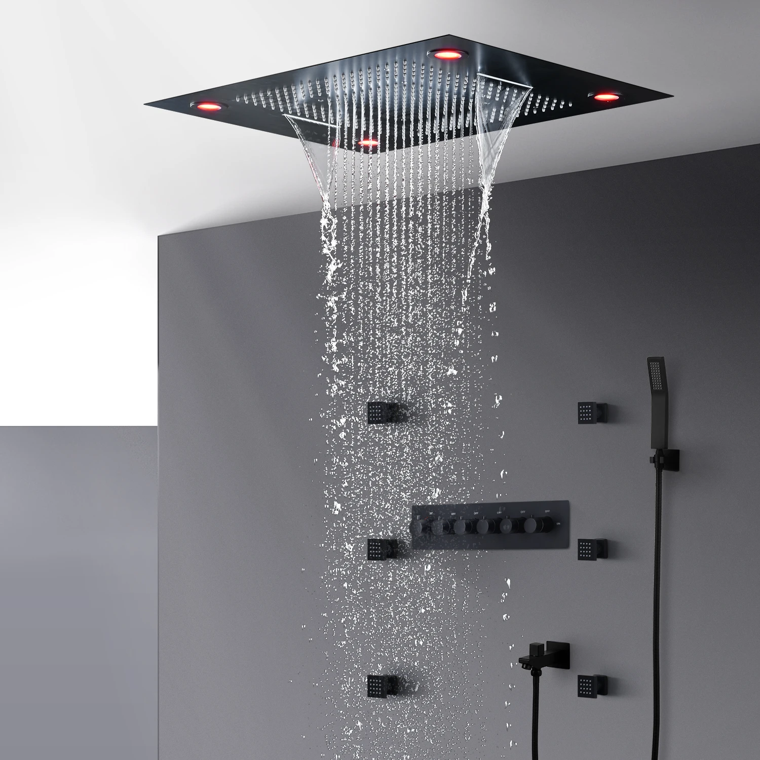 Ceiling Mounted LED Shower Head 32x24inch 800x600mm Constant Temperature Mixer Valve Rainfall Waterfall Faucet Wall Lateral Jet