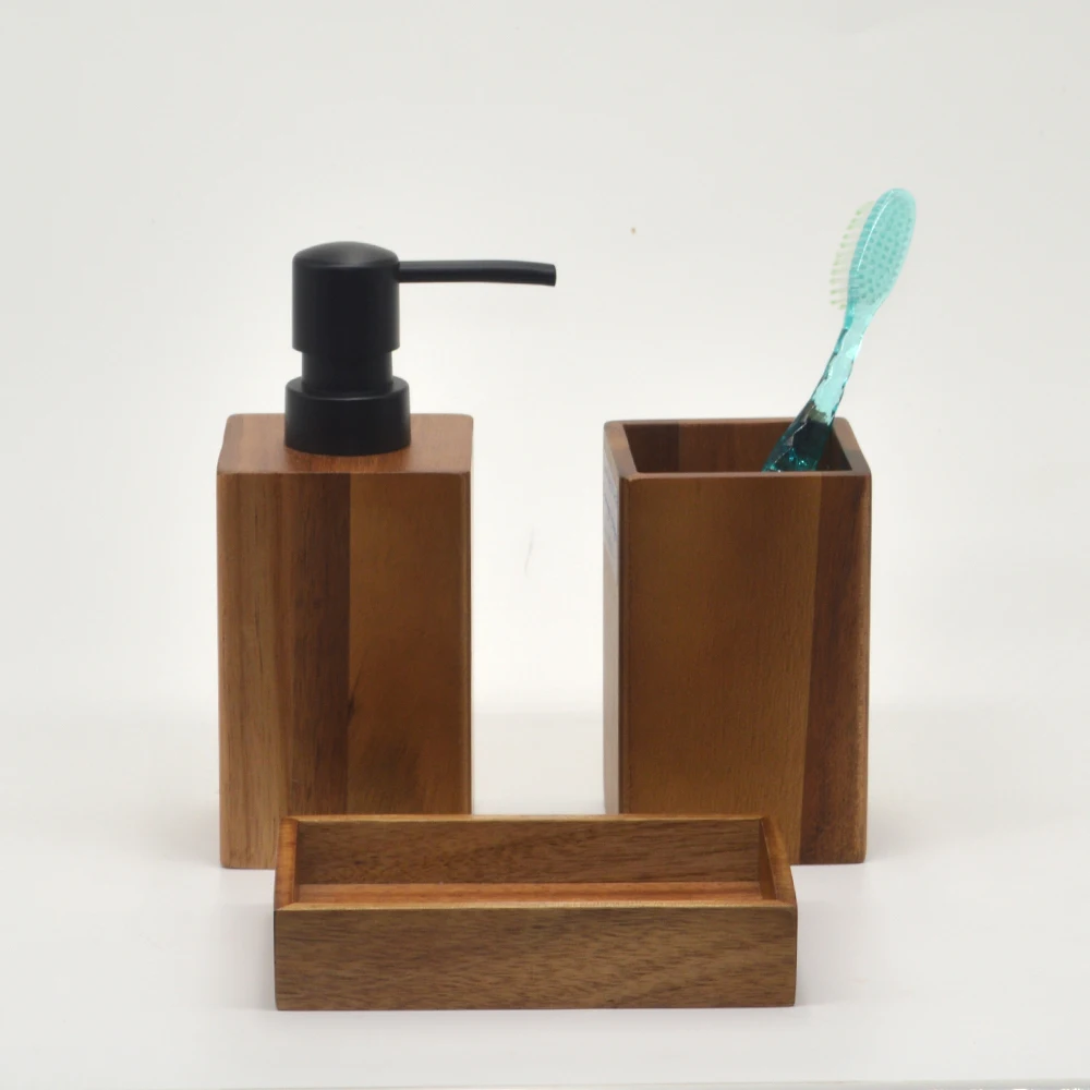 3 PCS Acacia Wood Bathroom Accessories Set Soap Dispenser Soap Dish Toothbrush Holder