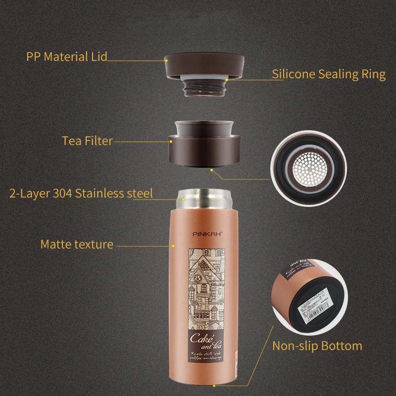 PINKAH Lightweight Thermos Cup 304 Stainless Steel With Tea Filter Leak-proof Outdoor Insulated Cup Coffee Mug Office Vacuum Cup