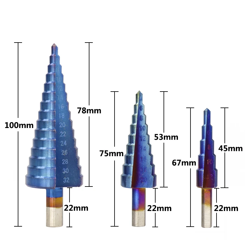 Hampton HSS 4-12/20/32mm Nano Blau Beschichtet Pagode Form Loch Cutter Dreieck Schaft Schritt bohrer Bit Power Tool Schritt Kegel Bohrer – Detail 2