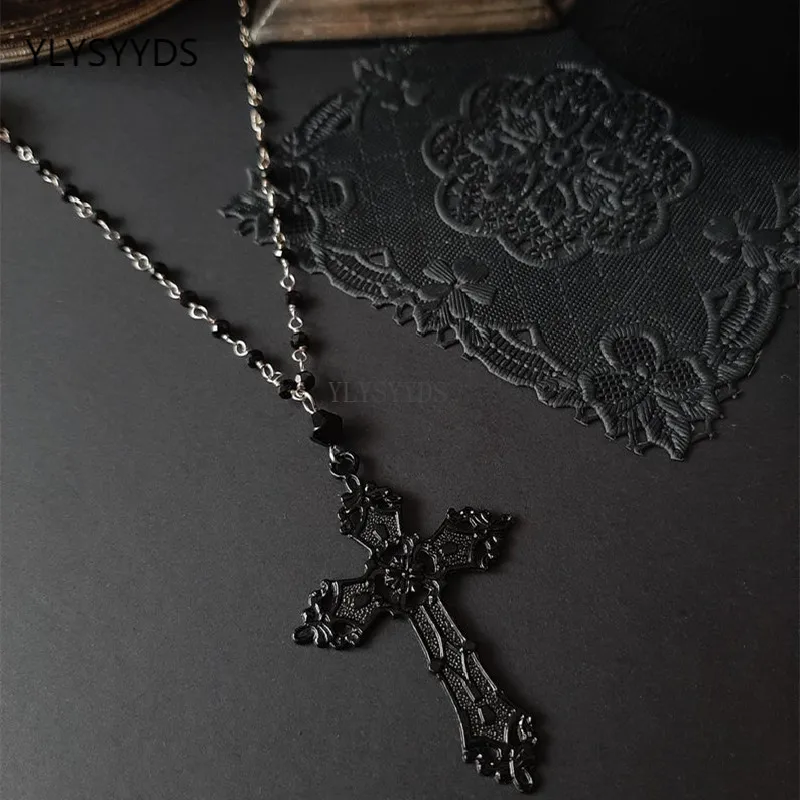 Gothic Black Cross Rosary Necklace Chain Pendant Witchy Victorian Alternative Punk Witchy Punk Statement Rock Jewelry Women Gift