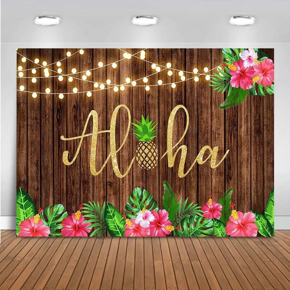 알로하 생일 베이비 샤워 배경, 하와이 파인애플 나무 배경, 소녀 루아 생일 파티 장식 배너