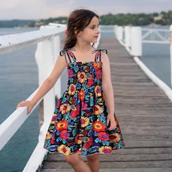 Toddler Kids Girls Dresses 1 to 6 Years Fashion Bohemian Sundress For Girls Summer Floral Print Straps Sleeveless Floral Dress