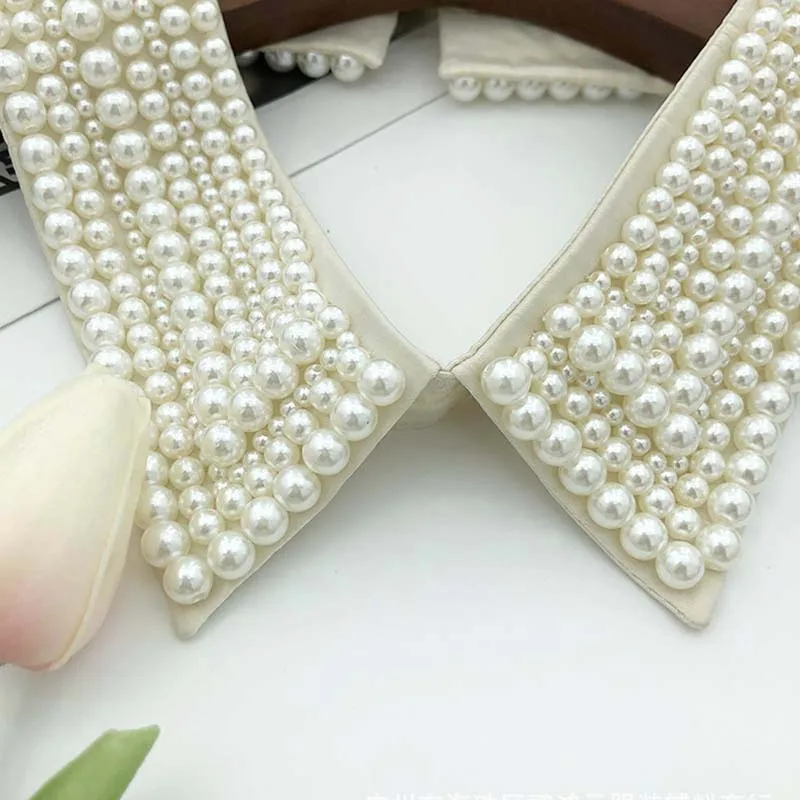 Women Retro Handmade Beading Imitation Pearls Layers Bib Lapel Fake Collar Jewelry Detachable Necklace Choker Cloth Accessory