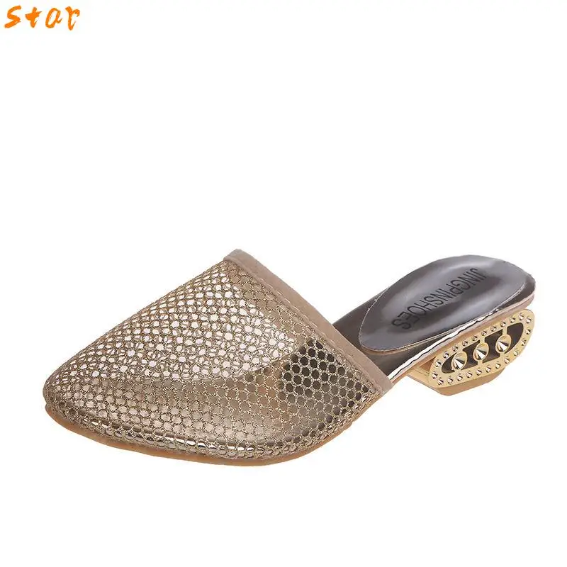 Sexy Women Slippers Fashion Mule Shoes Breathable Hollow Mesh Women's Sandals Mujer Ladies High Heels Half Slippers Beach Shoes