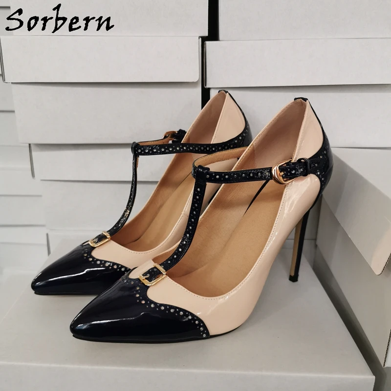 

Sorbern Nude Patent T-Strap Women Pump Plus Size High Heel Stilettos Ol Shoes 12Cm 8Cm Heels Custom Female Footwear Nude Heels