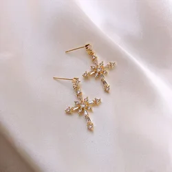Exquisite Cross Dangle Earrings for Women Gold Plated Statement Drop Earring Female Korean Style Fashion Jewelry Accessories