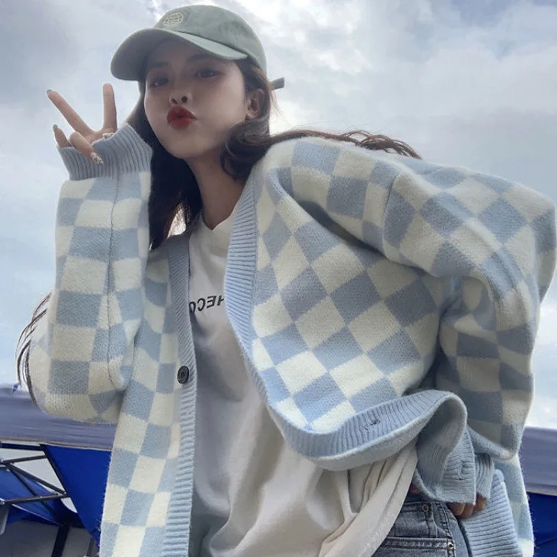 Suéter a cuadros de gran tamaño para mujer, cárdigan de manga larga, suéteres de Invierno para mujer, abrigos cálidos, cárdigan de punto Chic para mujer, Primavera