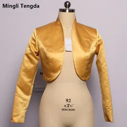 Mingli Tengda Gold Satin Wedding Jacket Bridal Bolero Capes Womem Coat Cape Shrug Stole Long Sleeve Wedding Coat Real Picture