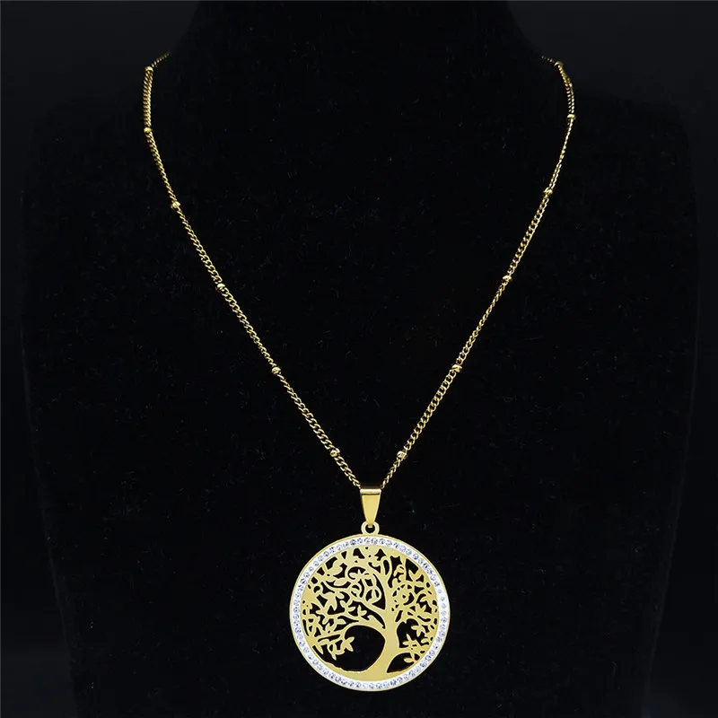 Mode Baum des Lebens Edelstahl Halskette Gold Farbe Kristall Anhänger Halsketten Elegante Frauen Mädchen Schmuck Geschenke N76S01 – Detail 3