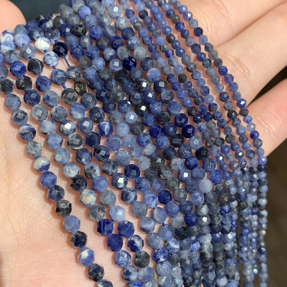 Natural Blue Sodalite Jaspers 2/3/4mm Faceted Loose Round Mineral Tiny Beads for Jewelry Making DIY Christmas Gift Bracelet 15''