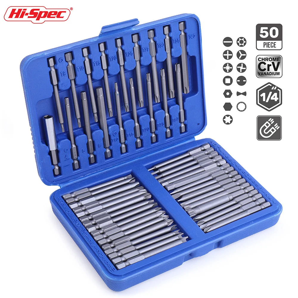 Hi-Spec-Jeu de tournevis hexagonaux à long manche, tête de sécurité, kit d'embouts de tournevis 1/4, outils à main hexagonaux Torx, 25 pièces, 50 pièces, 51 pièces pour perceuse électrique