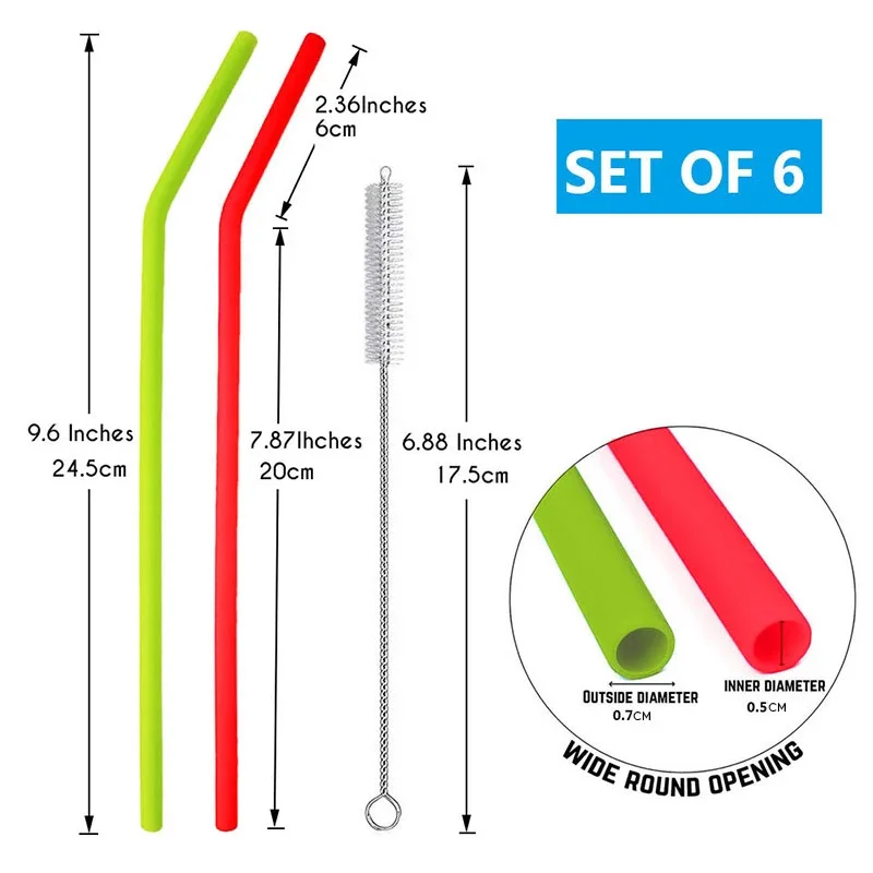 BOZZH 6Pcs Reusable Silicone Drinking Straws Food Grade Silicone Straws Drinking With Cleaning Brush Party Straws BPA Free