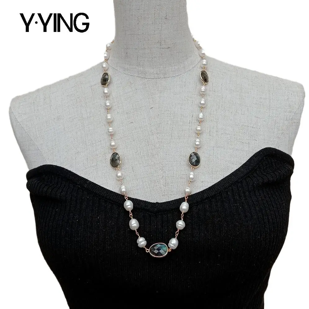 Y·YING natural White Rice freshwater Pearl Rosary Chain labradorite Bezel Set sweater chain Necklace 28