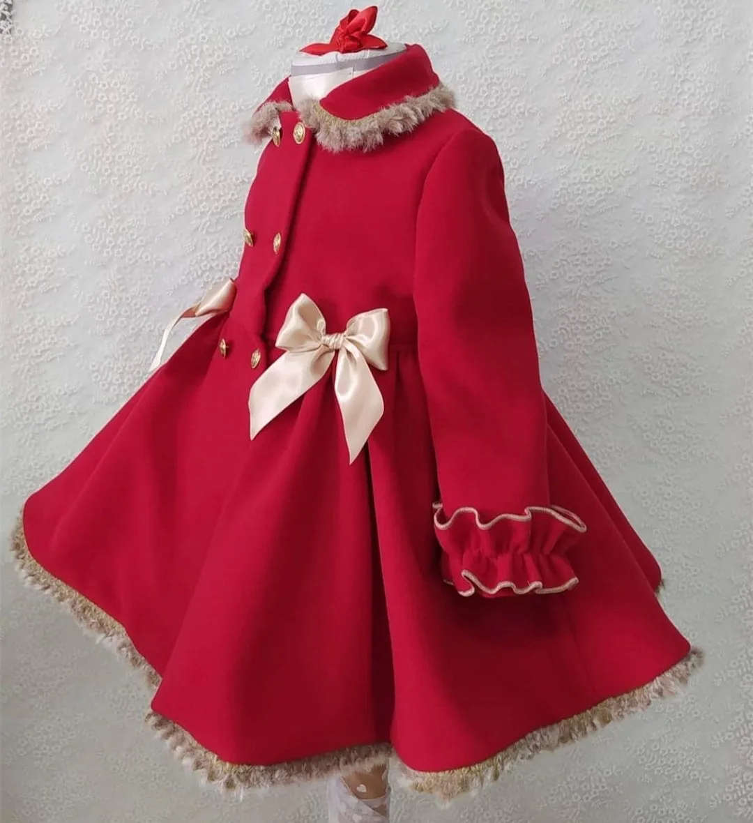 1-12Y Baby Girl Autumn Winter Handmand Customized Palace England Spanish Red Princess Wool Coat for Casual