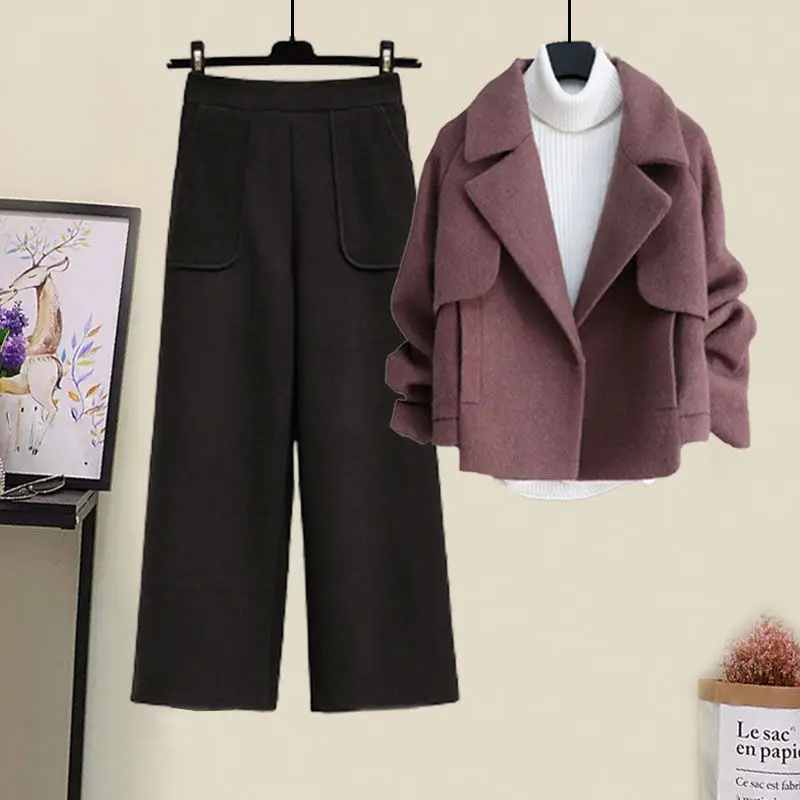 2024Winter One-Piece/Set Woolen Jacket Women Short Two-Piece Fashionable Suit High-Waist Wide-Leg Pants Coat Female