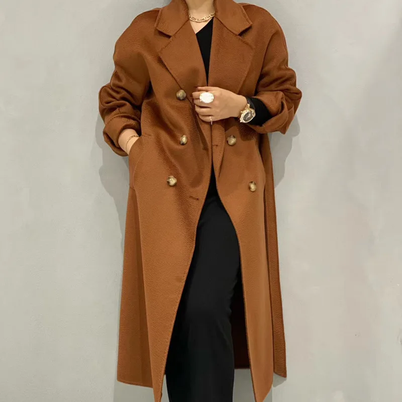 Winter 2021 High-end Lapel Lacing Belt Plus Size Loose Long Water Ripple Double-sided Wool Coat Women Handmade Woolen Jacket