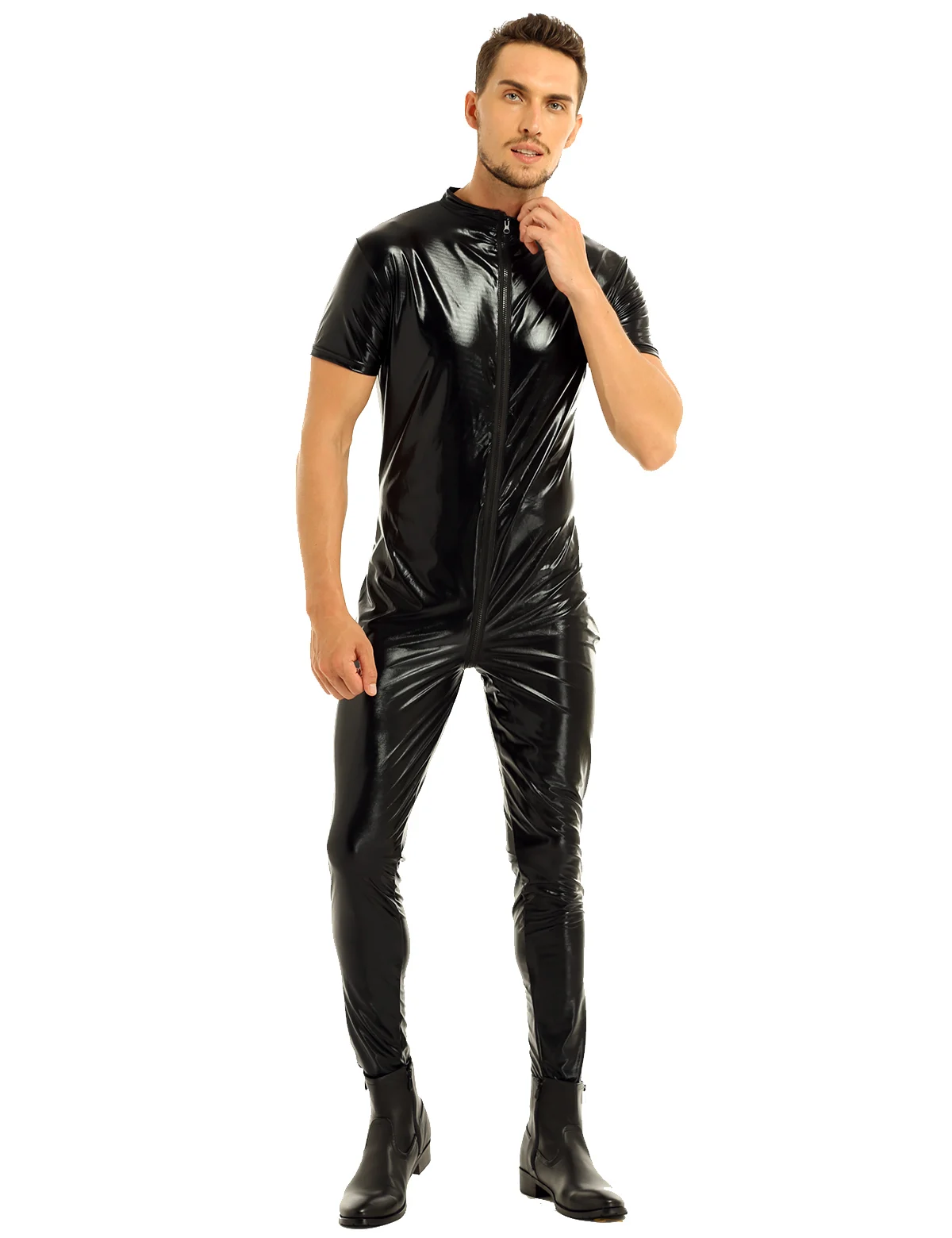 

Mens Lingerie Latex Full Bodysuit Clubwear Stretchy Faux Leather Short Sleeves Zipper Crotch Sexy Full Body Leotard Bodysuit