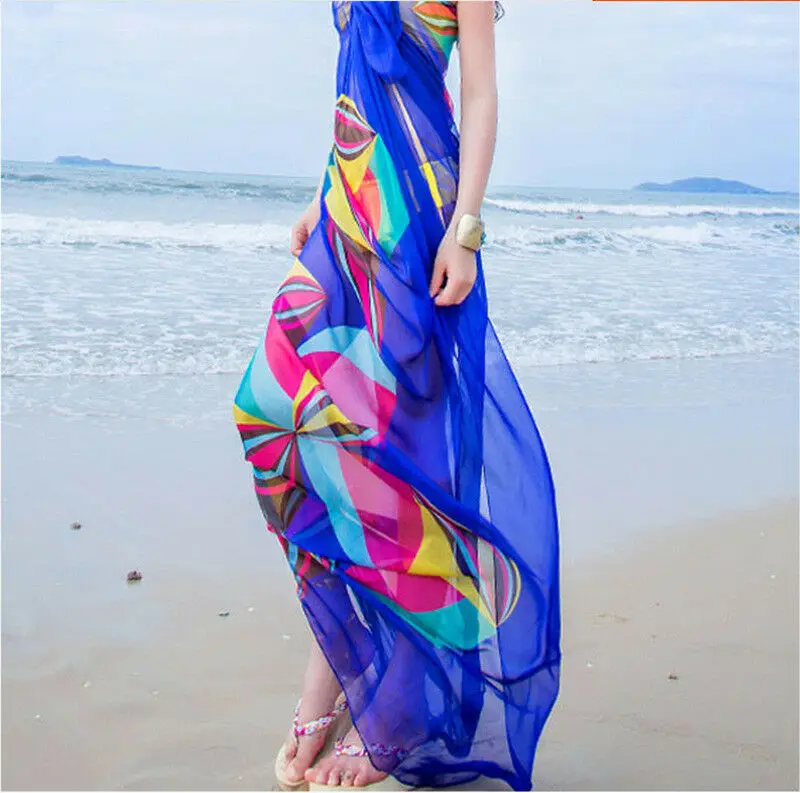 Summer Women Cover Up Chiffon Beach Bikini Print Sheer Loose Bandage Wrap Scarf Pareo Swimwear Sarong Ladies Beachwear