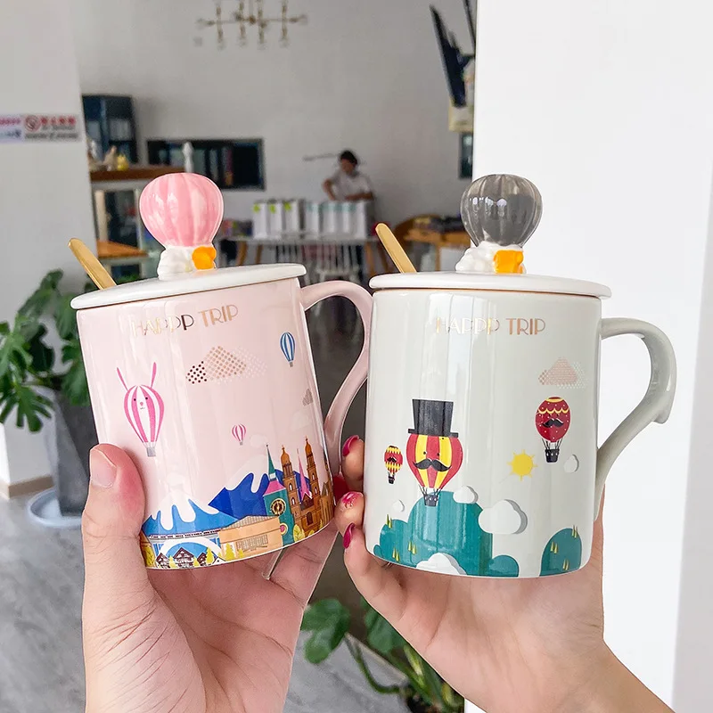 Cute Hot Air Balloon/Bear Mug With Lids Spoon Large Capacity Ceramic Cartoon Mug Wedding Christmas Gift Cup Drinkware Coffee Cup