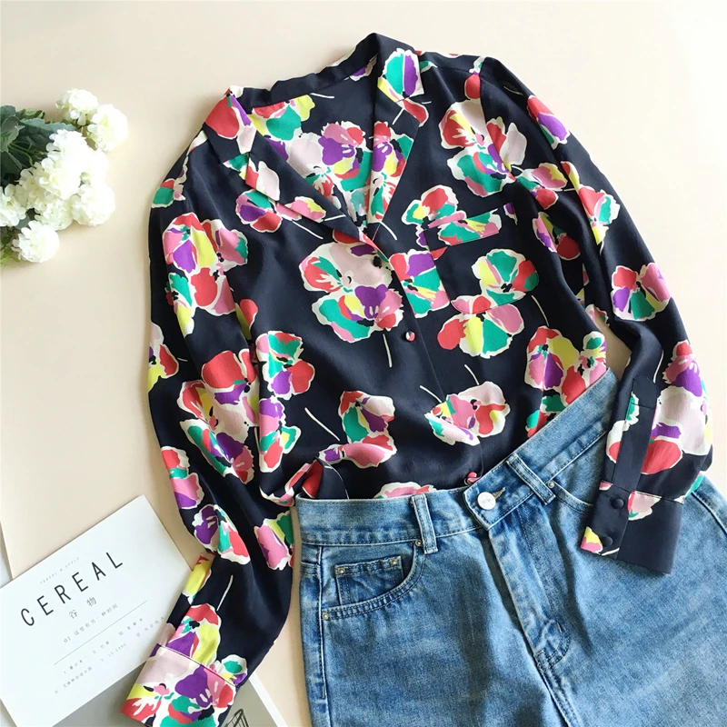 High Quality 100% Silk Blouse Women Casual Style Flower Printed Shirt Turn-down Neck Long Sleeve Tops Elegant New Fashion