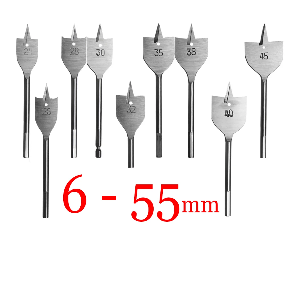 1pcs 6-55mm Durable Woodworking Tool Sets Flat Drill Long High-carbon Steel Wood Flat Drills Woodworking Spade Drill Bits