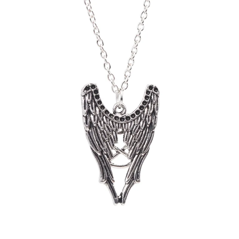 Retro Movie  Supernatural Necklace Pentagram Pentacle Castiel Angel Wings Vintage Antique Silver Color Pendant Amulet Jewelry Me