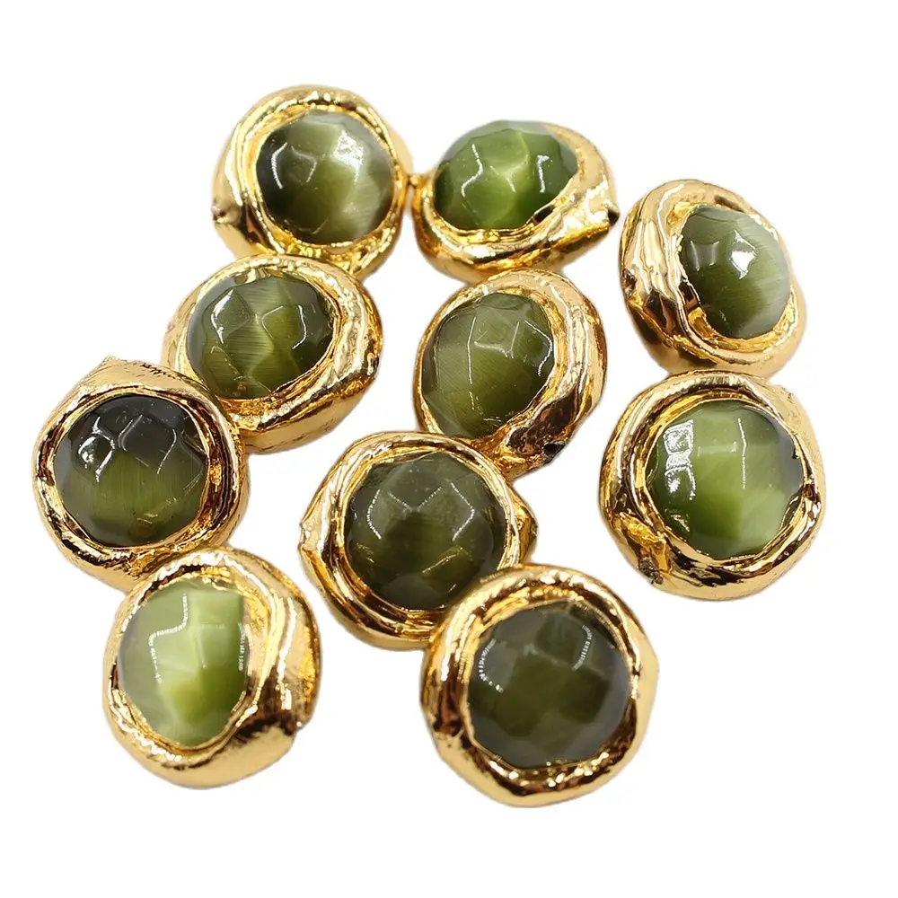 

APDGG 10Pcs 15MM Natural Green Cat eye Loose Beads Gold Plated Connector Beads For Necklace Pendant Jewelry DIY