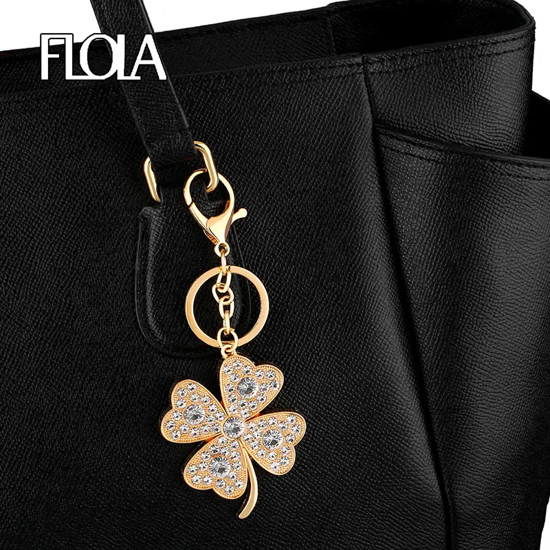 Gold Color Big Leaf Clover Keychains Pendant Charms Micro Paved Crystal Key Chain Accessories Key Ring Holder Bag Car kcha03