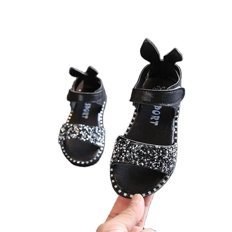 Summer Children\'s Rabbit Ear Sandals Fashion Glitter Rhinestone Girls Princess Roman Sandals Baby Kids Flat Non-slip Beach Shoes