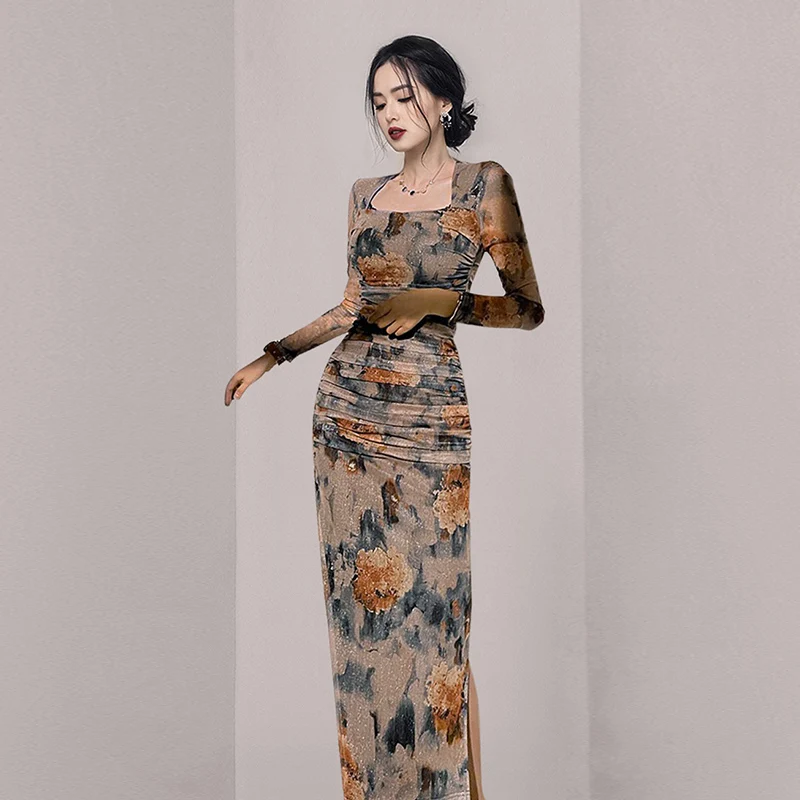 Elegant Women Square Collar Gold Thread Jacquard Dress 2022 New Fashion Spring Slim High Waist Slit Pencil Dress Female