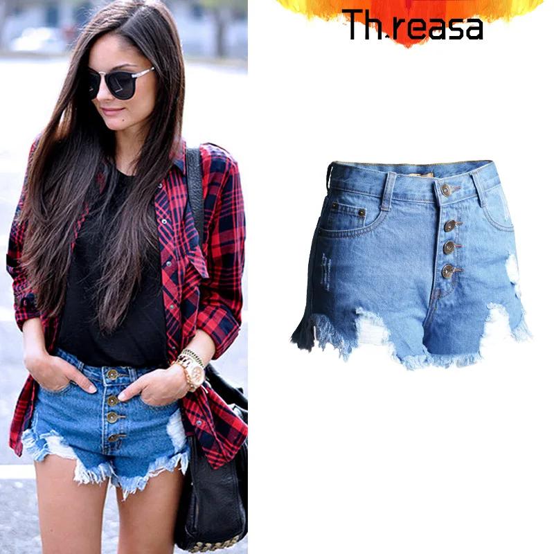 Summer Women Jeans Hole Tassel Must Wash Water Ultra Short High Waist Open Multi-button Denim Shorts