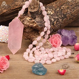 Natürliche Rosa Quarz Doppel Stick Punkt Anhänger 8mm Verfilzte Amazonit Rosen Quarz Runde Perlen Schnur Verknotet Mala Halskette Schmuck – Detail 10