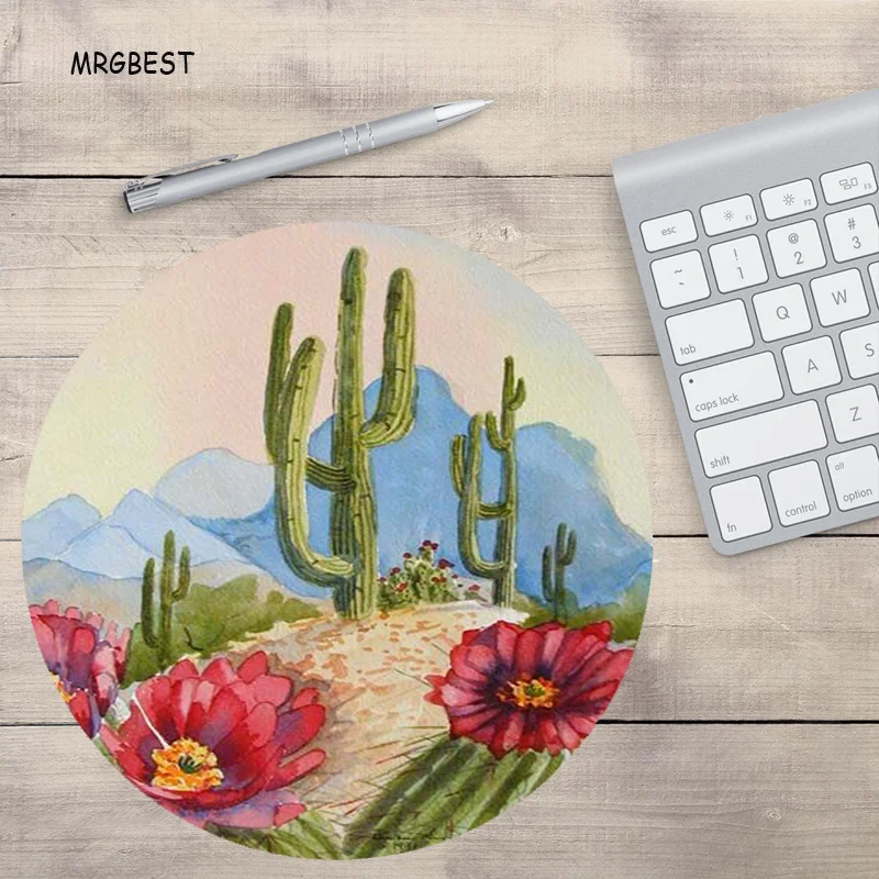 XGZ Cactus Watercolor Comfort 20x20x2MM Round Game Mousepad Pc Keyboard Gamer Gaming Mouse Pads Desk Mat Anime Matmouse Csgo