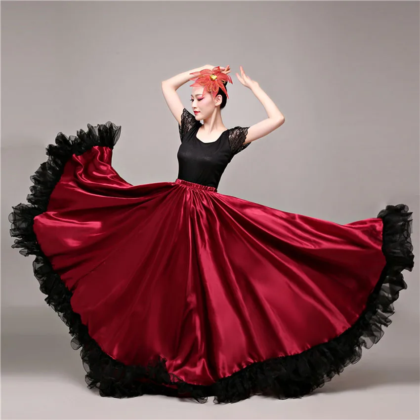 Fashion Gorgeous Female Plus Size Belly Dance Skirt Spanish Flamenco Dress Stage Team Wear Lace Satin Solid Smooth Skirt