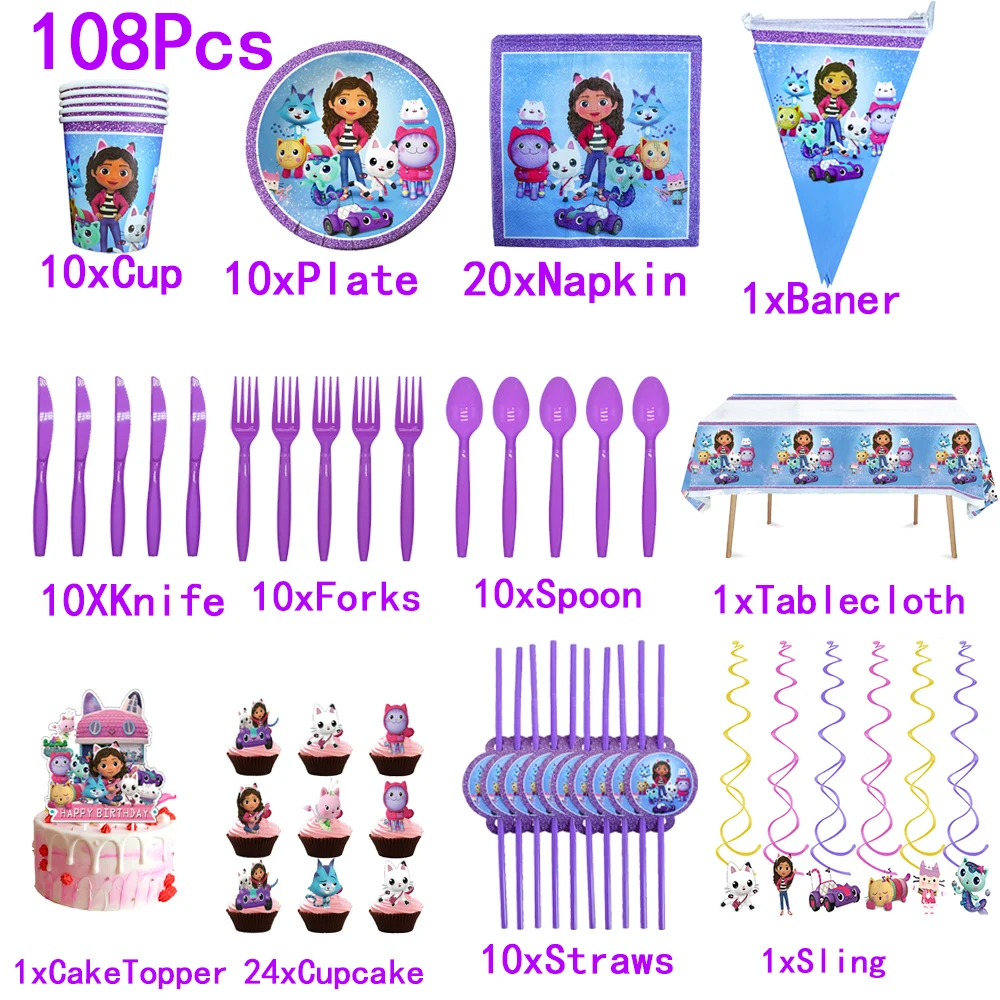 Gabby Dollhouse Birthday Party Decorations for Girls Cartoon Gabby Tableware Sets Cupcake Toppers Banner Baby Shower Supplies