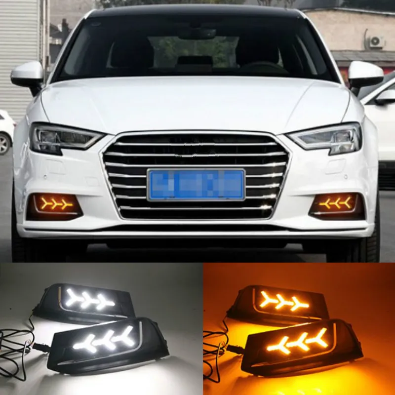 2pcs LED Daytime Running Light Fog Lamp Bulb For Audi A3 2017-2019 Yellow Turn Signal Function Car DRL Waterproof 12V