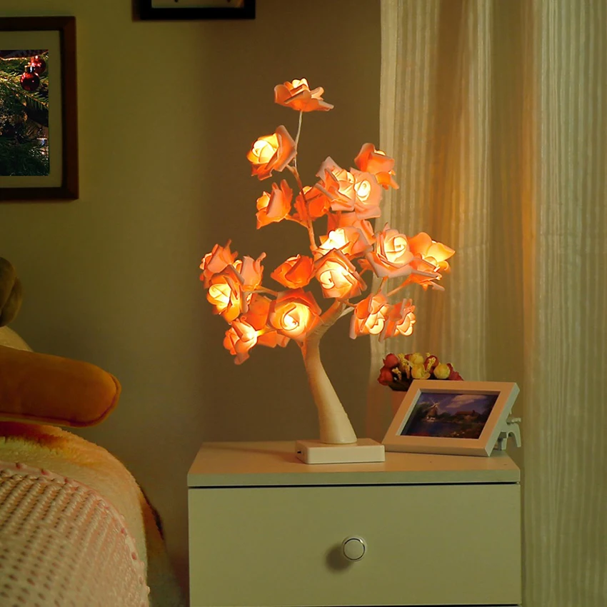 LED White Pink Rose Flower Bedside Bedroom Night Light Table Lamp Home Decoration Simulation Tree for Christmas Wedding Party