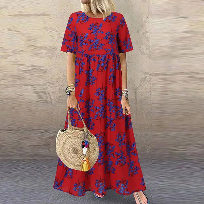 Vintage Gedruckt Maxi Kleid frauen Sommer Sommerkleid ZANZEA 2023 Casual Kurzarm Urlaub Floral Vestidos Weibliche O Neck Robe