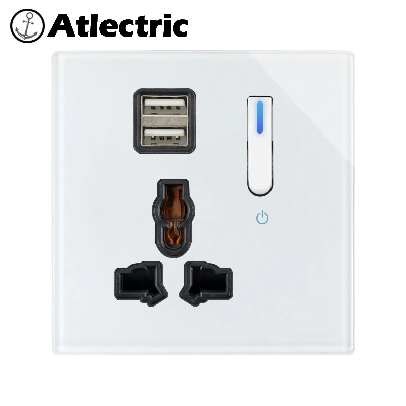 13A Universal Power Socket With Double USB  Outlet Outlet With LED White Glass Piano Key Wall Switch For UK EU Europe  Plug