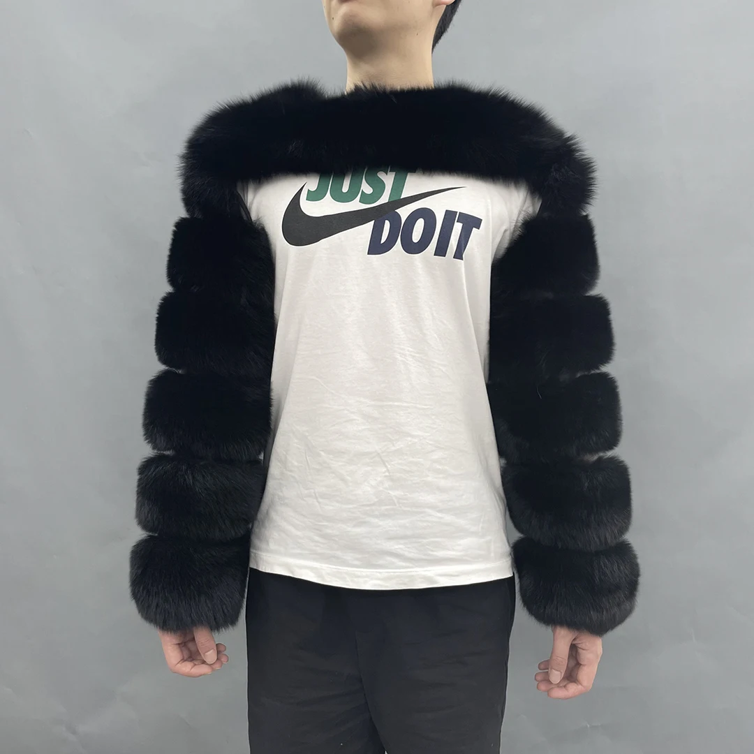 JANEFUR Hot Sale Real Fur Sleeves Fashion Fox Fur Coat Custom Logo Fluffy Warm Raccoon Fur Winter Fur Coat Two Sleeves