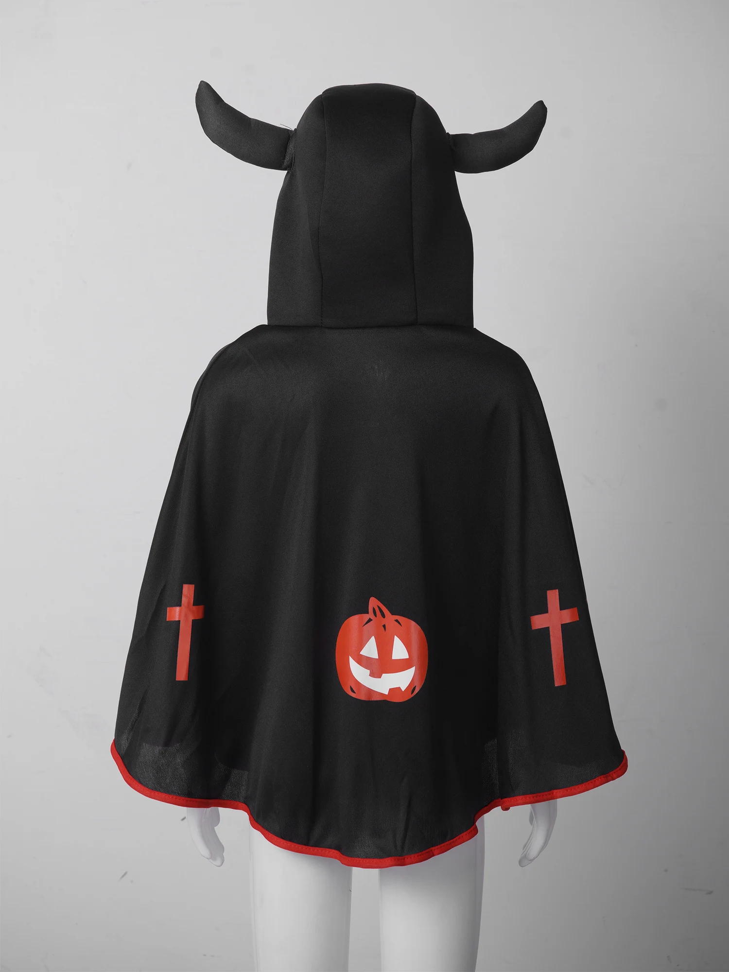 Cape d'halloween à capuche pour enfants, tenue de Cosplay pour garçons et filles, courte, ornée de corne de bœuf, imprimée citrouille