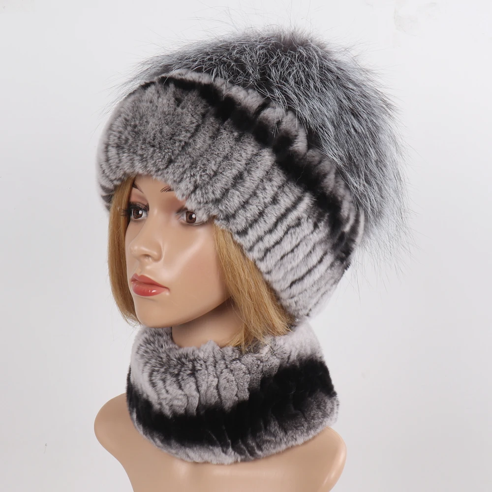 Women's Winter Warm Genuine Fur Hat Scarf Set Real Rex Rabbit Fur Cap with Silver Fox Scarves 2-Piece Natural Fashion Accessory