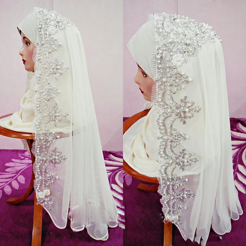 Fabulous อาหรับมุสลิมเจ้าสาวลูกปัด Appliqued Lace Hijab Dubai Saudi อาหรับแต่งงานผู้หญิงพิเศษโอกาสอุปกรณ์เสริม